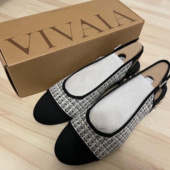 Vivaia Shoes - NIB Vivaia 9.5 Bethany Tweed Pearl Slingback Studded Block Ballet Flats EU 41